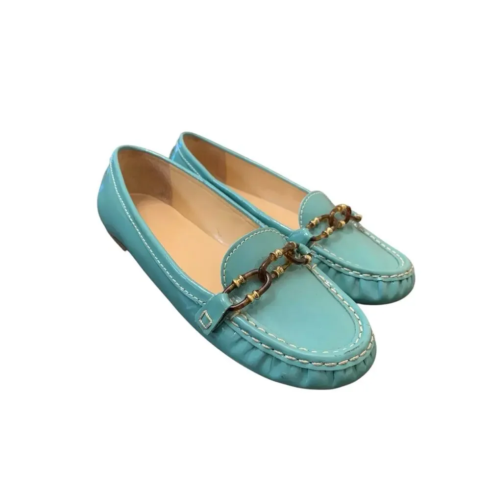 Talbots Teal Patent Leather Loafers Womens 6.5 B Chain Link Flats Brazil